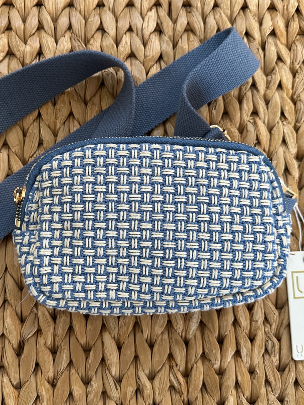 Urban Expressions Blue Woven Crossbody Belt Bag with Navy Strap